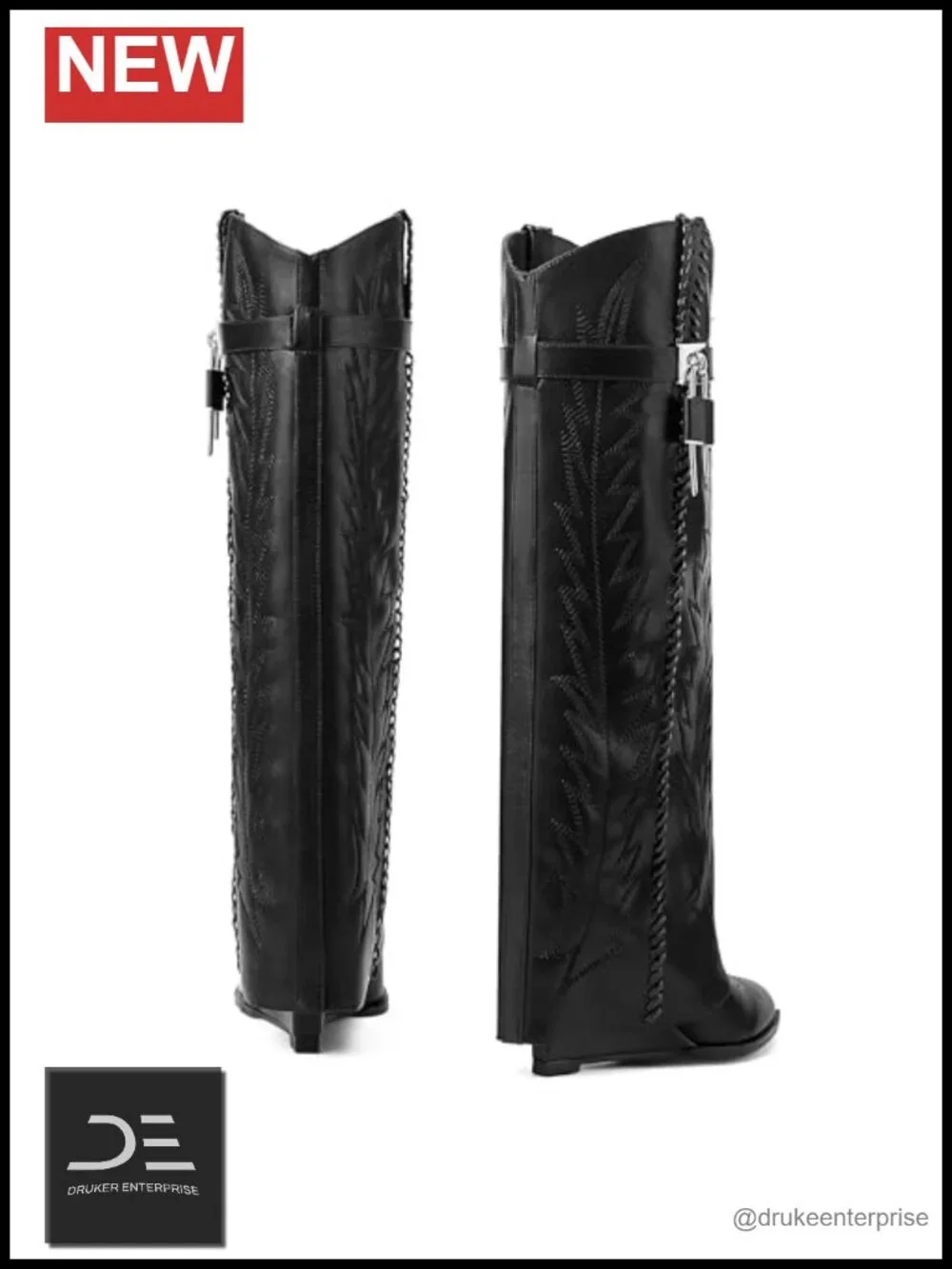 Fold Over Knee High Wedge Boots Embroidered Western Cowboy Denim Pointed Toe